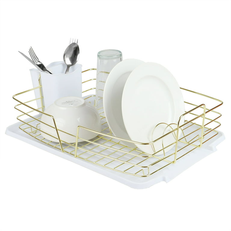 Michael Graves Design Deluxe Dish Rack with Gold Finish Wire and Removable  Dual Compartment Utensil Holder, White/Gold 