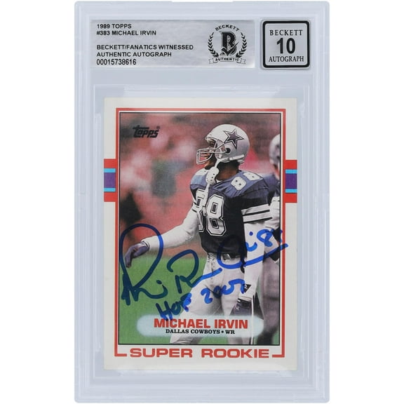 Michael Irvin Dallas Cowboys Autographed 1989 Topps #383 Beckett Fanatics Witnessed Authenticated 10 Rookie Card with "HOF 07" Inscription - Fanatics Authentic Certified