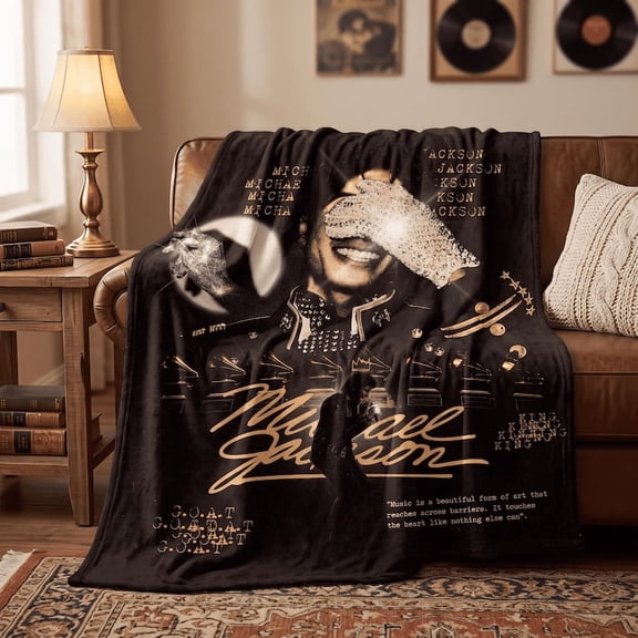 Michael.J Black and Gold Fleece Throw Blanket, King of Pop Portrait Graphic, Music Fan Gift
