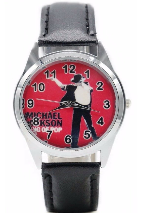 King of Pop Red Dial Black Leather Band Wrist Watch