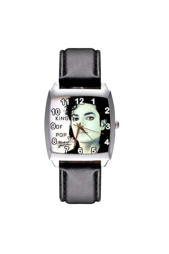 Michael Jackson King of Pop Square Face Quartz Black Leather Band Wrist Watch