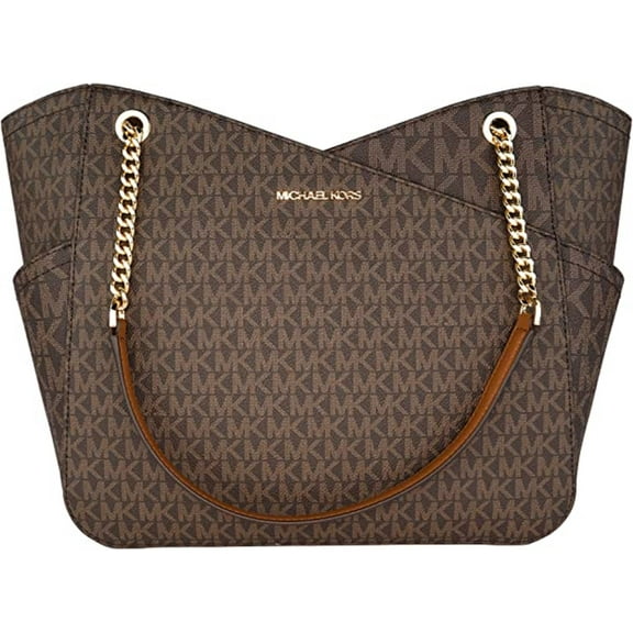 Michael Kors 35F1GTVT3B Jet Set Travel Large Chain Shoulder Tote Bag MK Signature Brown (Approximate Measurements: 15.5"W x 11"H x5.5"D)
