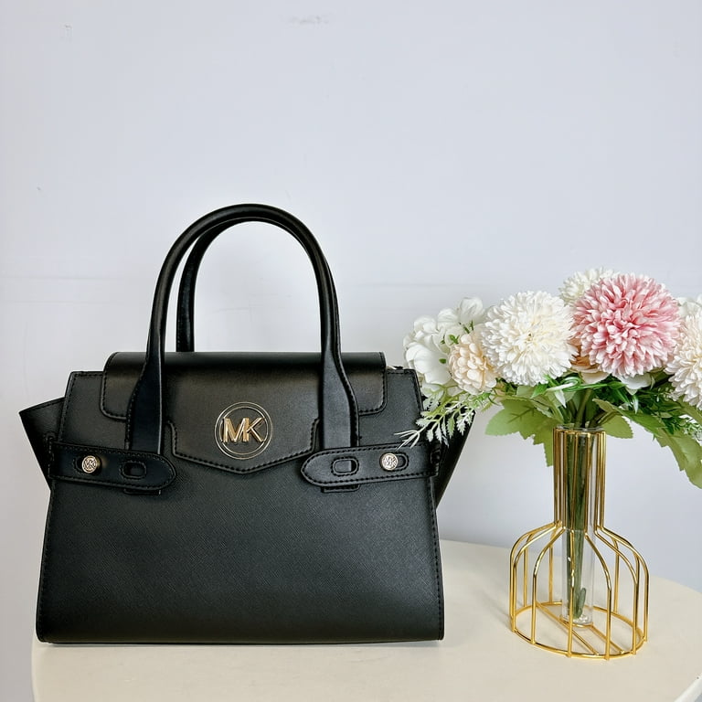 Michael Kors Carmen Medium Faux Leather Belted Satchel Black 7 Inch Handles 22 Inch Strap Gold Silver tone Hardware Walmart