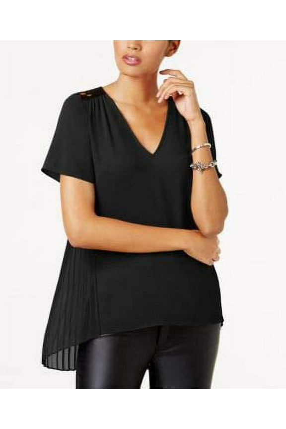 $98 Womens Black Pleated Lace-Yoke Chic Pleats Size P