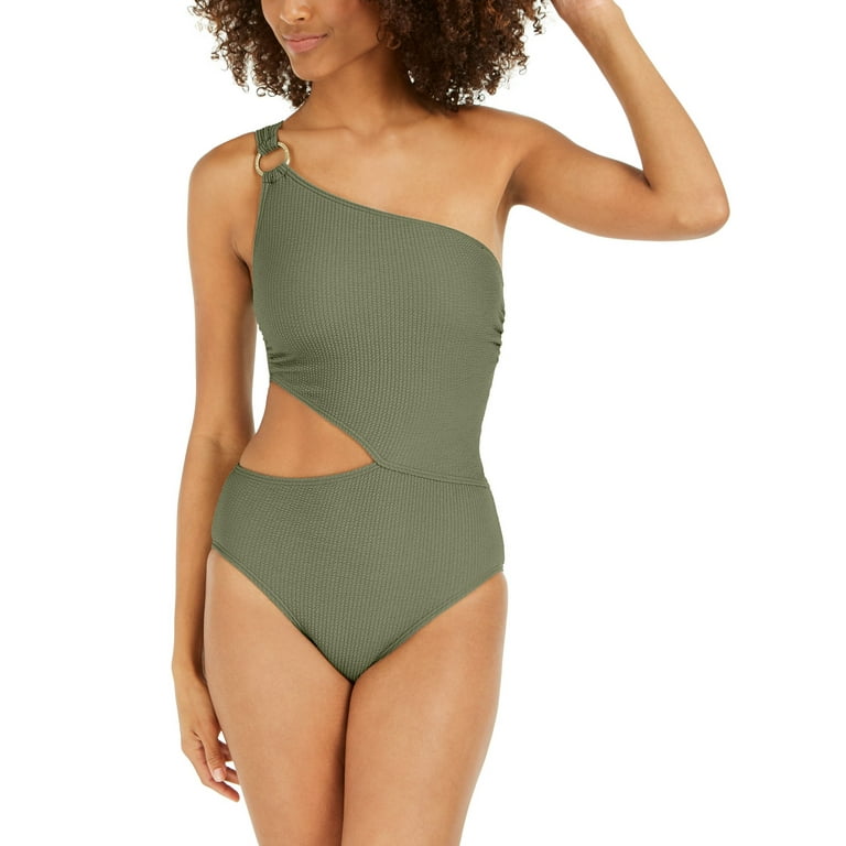 Michael Kors ARMY GREEN Textured One Shoulder Cutout One Piece Swimsuit US 8