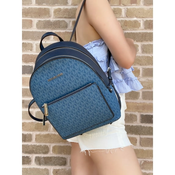 Michael Kors Adina Medium Backpack Dark Chambray Blue Mk Leather Pvc Logo