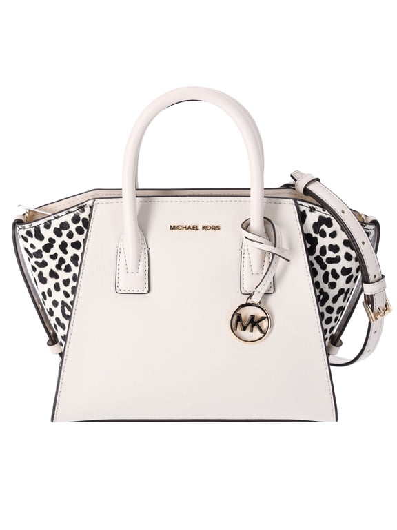 Avril Small Leather Cheetah Print Calf Hair Satchel Light Cream