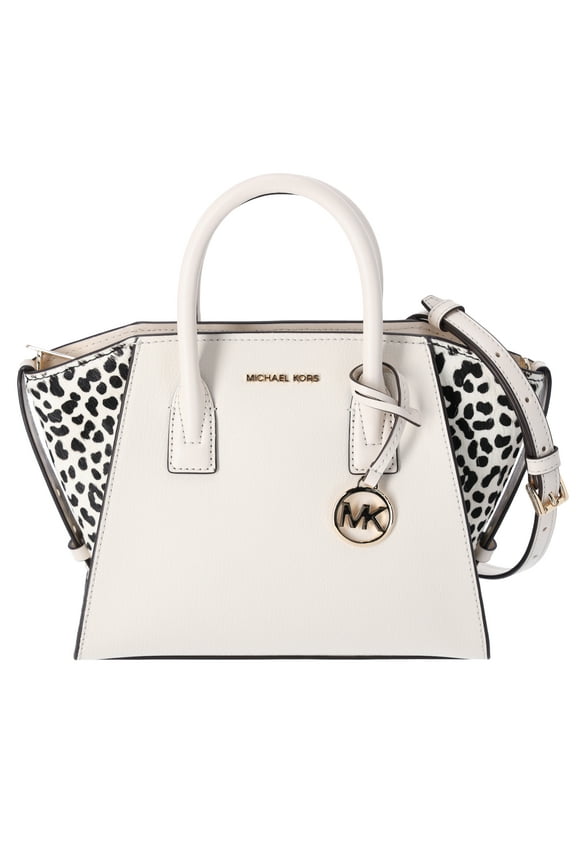 Avril Small Leather Cheetah Print Calf Hair Satchel Light Cream