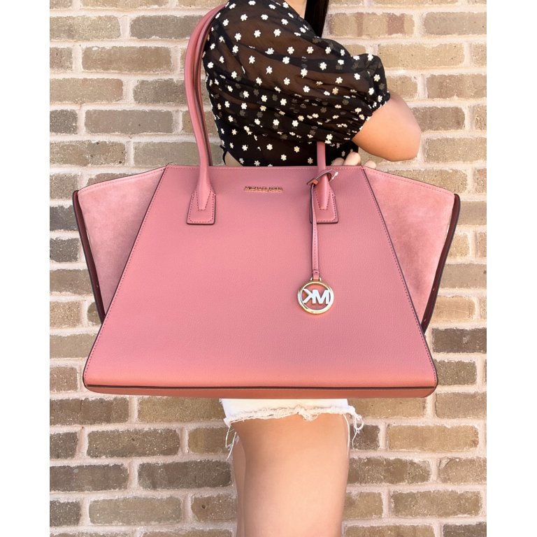 Michael Kors Avril XL Large Shoulder Bag Top Zip Tote Rose Pink Suede  Leather 