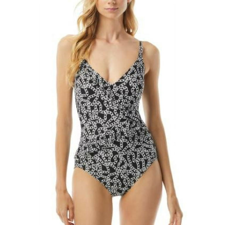 Michael Kors BLACK MULTI Chain Print Ruffled One Piece Swimsuit US 8