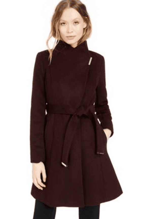 BURGUNDY Women's Asymmetrical Belted Wool Coat, US X-Small