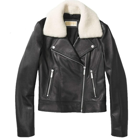 Michael Kors Black Women Moto Jacket - Genuine Women Leather Jacket - Comfortable Black Zip up Jacket for Women - Full Zip Closure Leather Jackets with 2 Sides Zip Pockets & Shearling collar