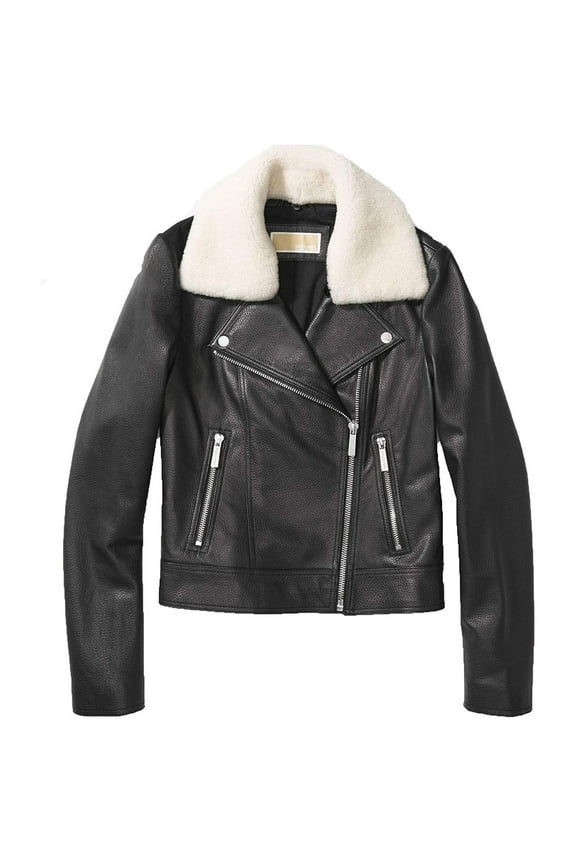 Black Women Moto Jacket - Genuine Women Leather Jacket - Comfortable Black Zip up Jacket for Women - Full Zip Closure Leather Jackets with 2 Sides Zip Pockets & Shearling collar
