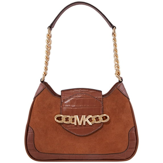 Michael Kors Brown Ladies Hally Small Suede And Crocodile Embossed Shoulder Bag