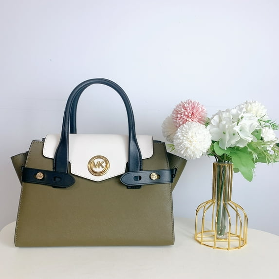 Michael Kors Carmen 30S0GNMS5L Small Flap Belted Leather Satchel In Olive Green