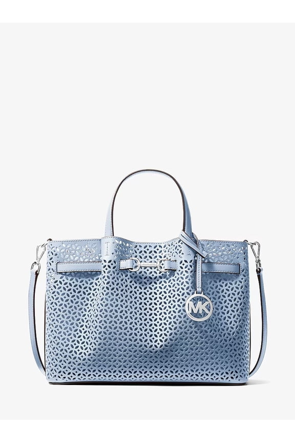 Carson medium satchel bag with floral laser cut - Pale ocean