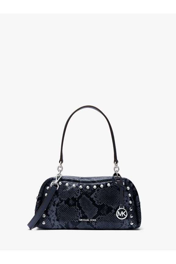 Cecily Small Studded Snake Embossed Shoulder Bag - Navy