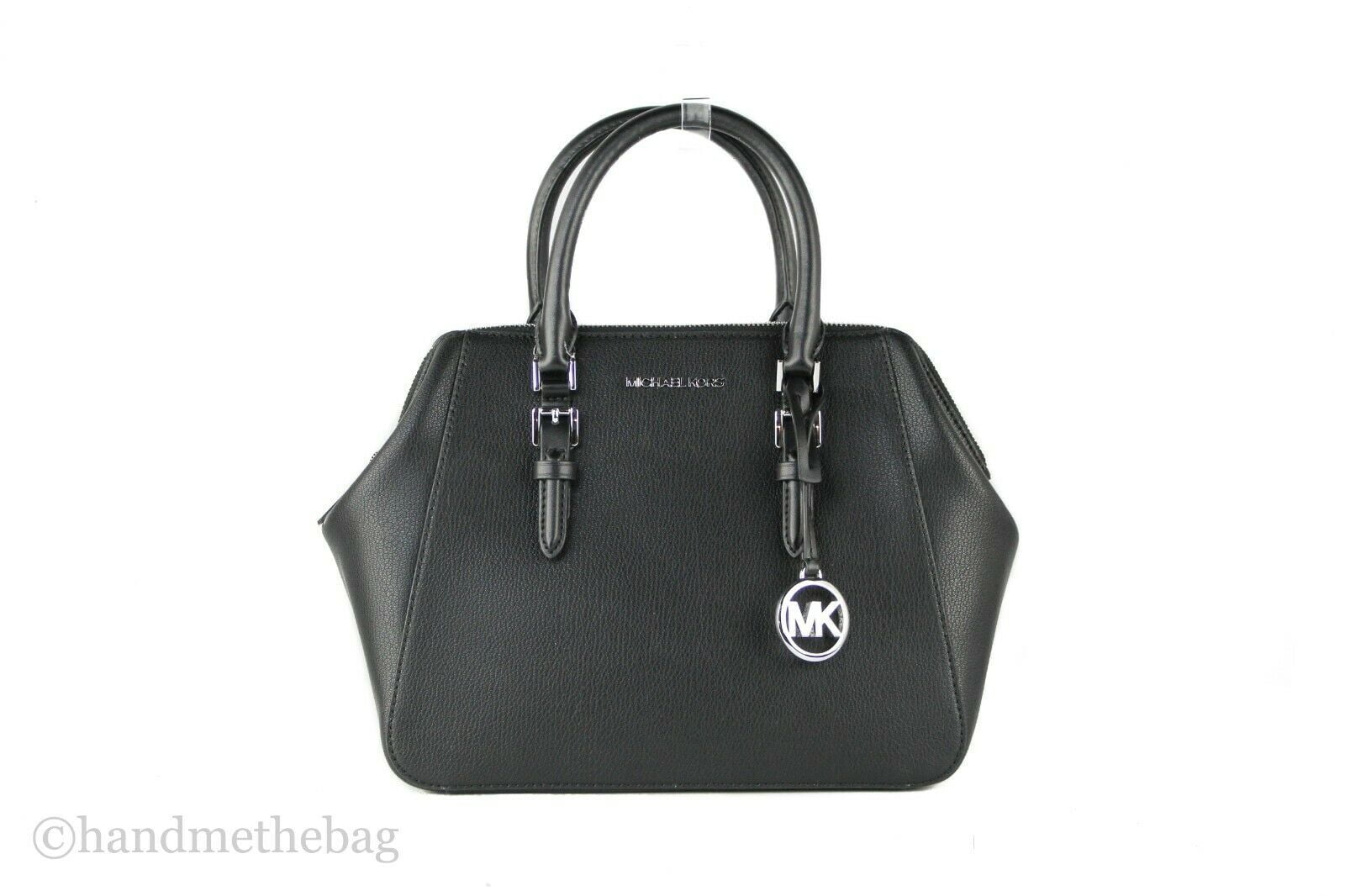 Michael Kors Charlotte Large Leather Crossbody Satchel Handbag (Black Solid/Silver)