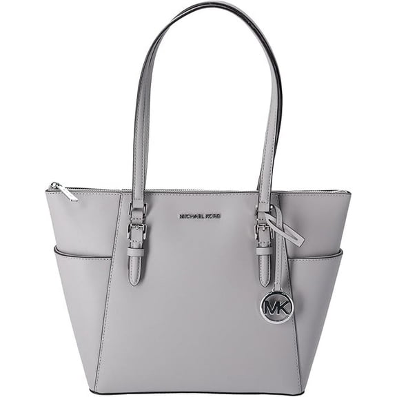 Michael Kors Charlotte Signature Leather Large Top Zip Tote Handbag Bag (Pearl Grey)