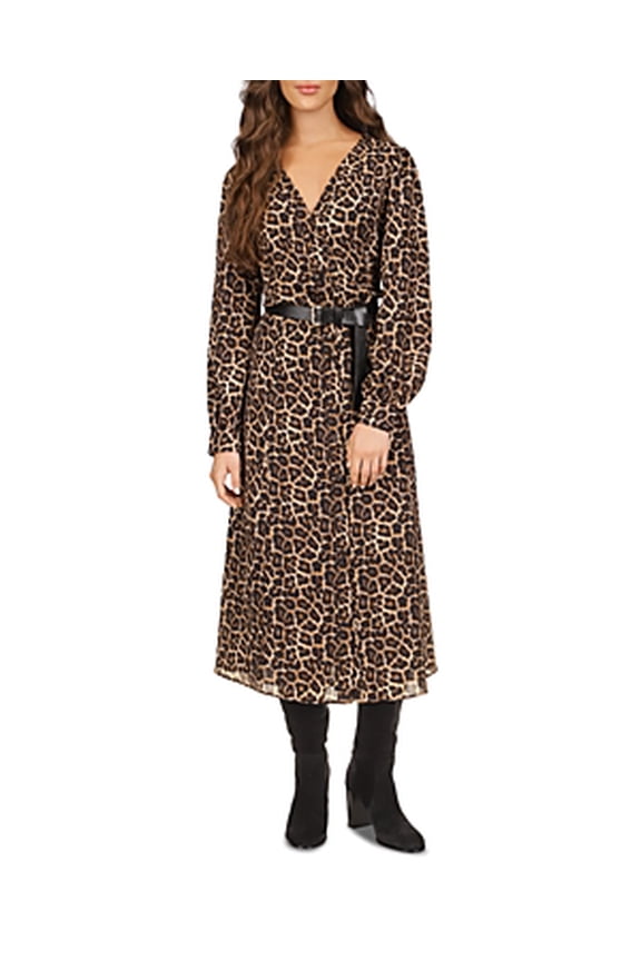 Cheetah Print Belted Shirt Dress, Camel, X-Small