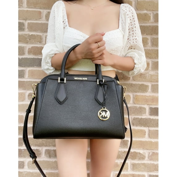 Michael Kors Daria Large Triple Compartment Satchel Crossbody Bag Black Leather