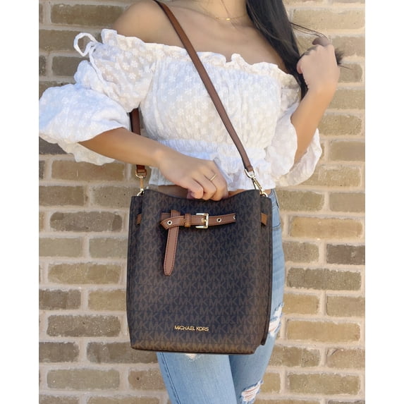 Michael Kors Emilia Small Brown Signature Pvc Bucket Bag Messenger Handbag