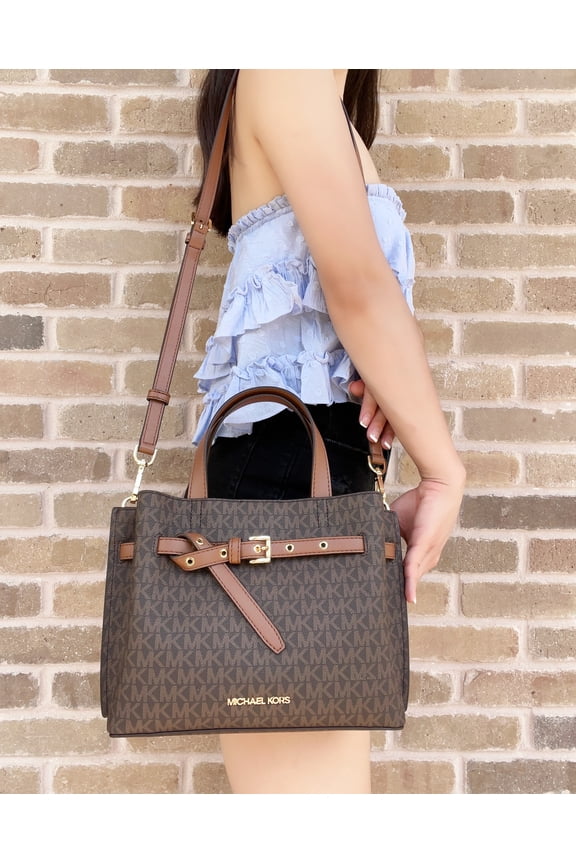 Emilia Small Triple Compartment Satchel Crossbody Brown MK Logo