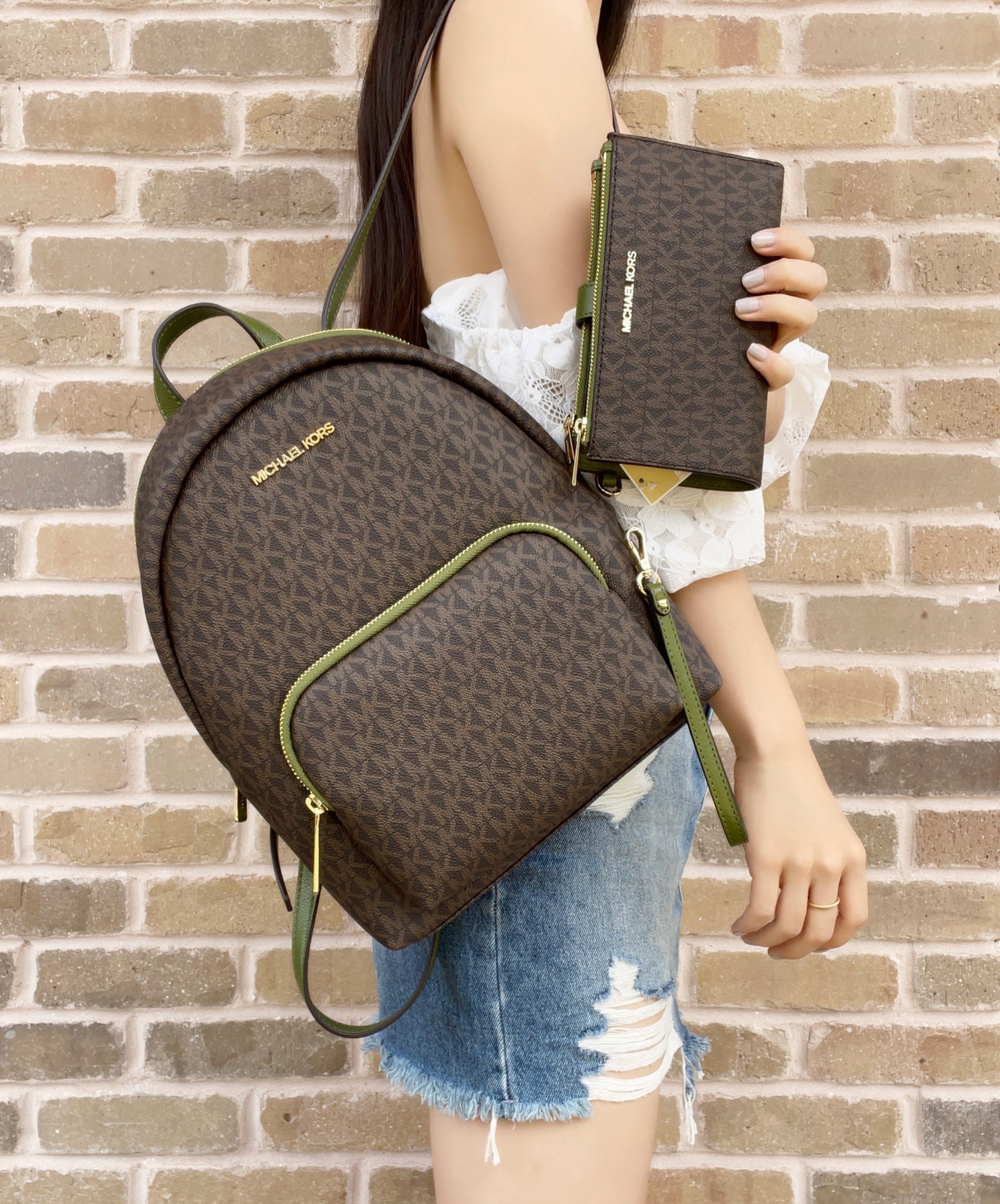 Michael Kors Erin Medium Signature MK Backpack Evergreen Brown +