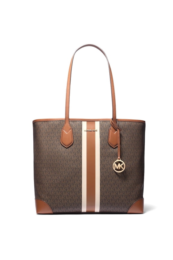 Women's Eva Large Signature Logo Stripe Tote Bag (Brown)