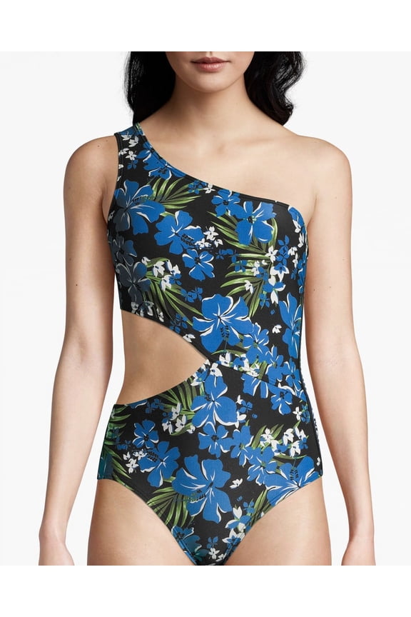 FLORAL MULTI One-Shoulder Logo Cut-Out One-Piece Swimsuit, US 8