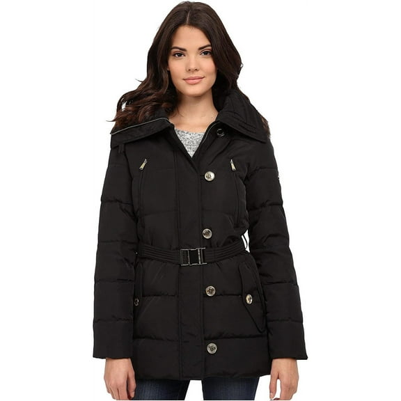 Michael Kors Faux Fur Trim Hooded Down Coat-Black-L