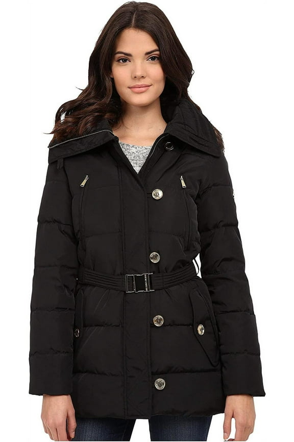 Faux Fur Trim Hooded Down Coat-Black-L