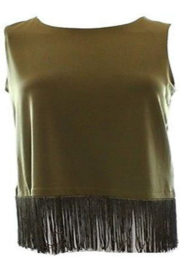 GREEN OLIVE Women's Matte Jersey Fringe Blouse Top, US Medium