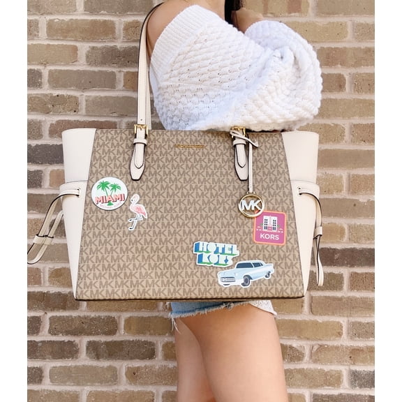 Michael Kors Gilly Large Drawstring Zip Tote Light Cream MK Signature Miami