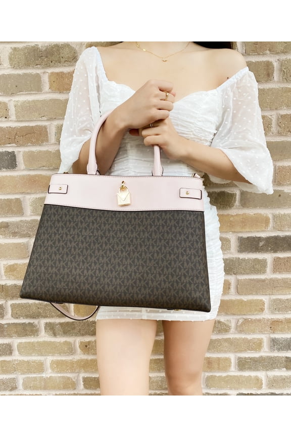Gramercy Large Logo Leather Satchel Brown Powder Blush Pink