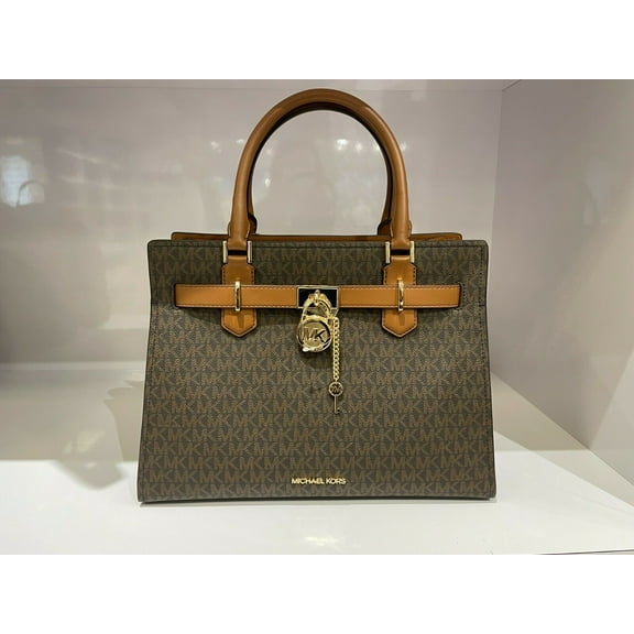 Michael Kors Hamilton Medium Satchel Key Lock Shoulder Bag In Signature Brown