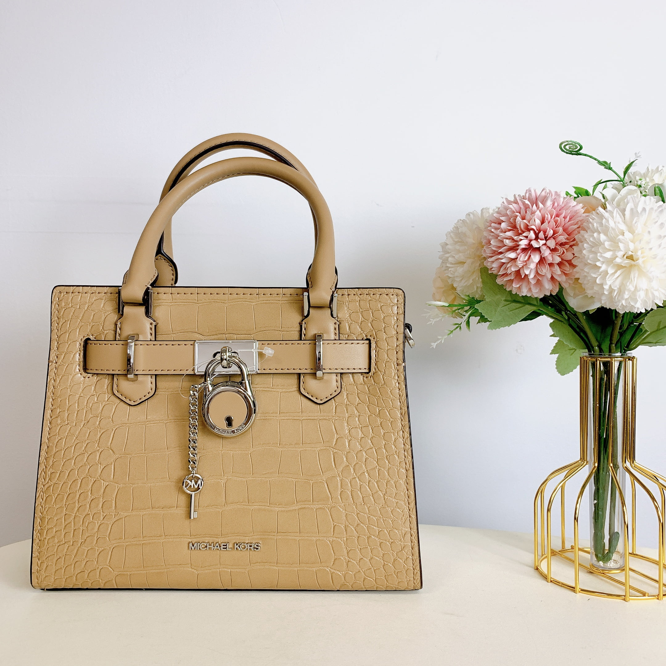 Michael Kors Hamilton Small Top Zip Satchel Crossbody Croc Embossed Bag Camel Walmart Business Supplies