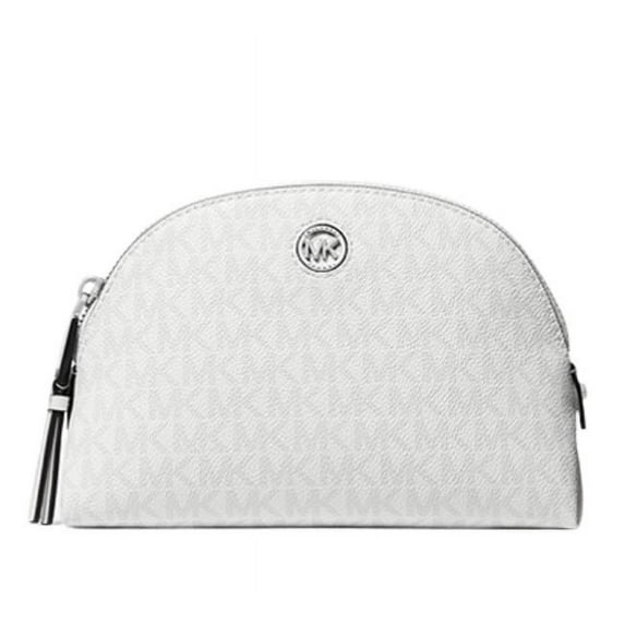 Michael Kors Heritage Womens Large Logo Travel Leather Zip Pouch Bag Optic White Alluminum
