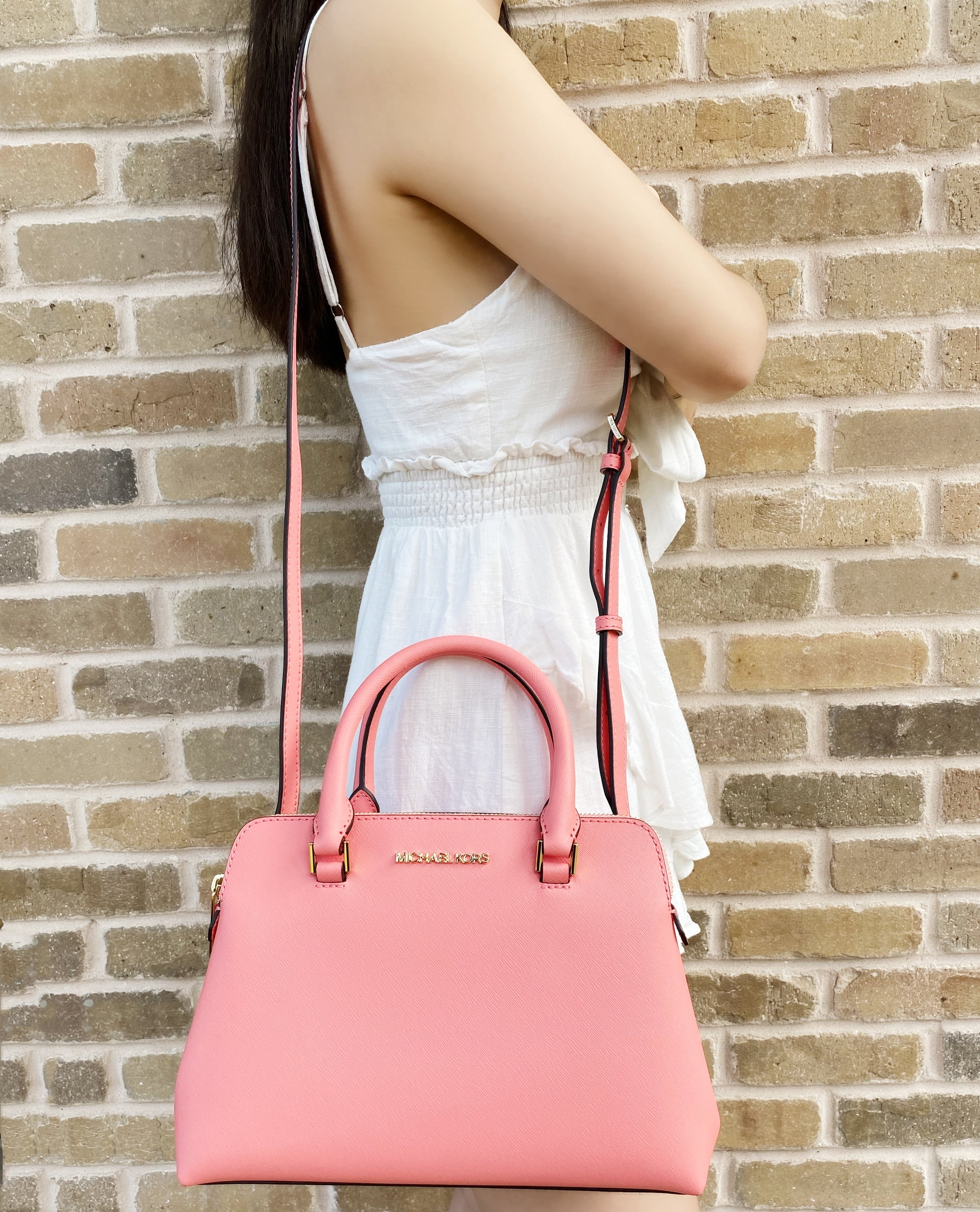 Michael Kors Idina Small Satchel Bag Grapefruit Pink Saffiano