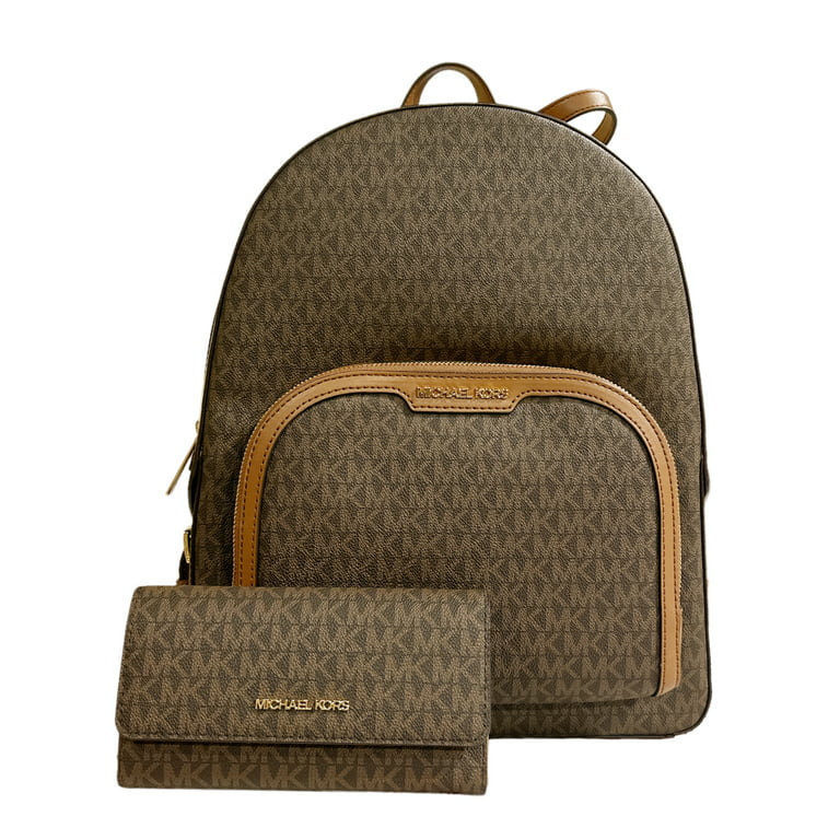 Michael Kors Jaycee Large Backpack Brown MK Signature + Jet Set Trifold  Wallet