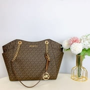 Michael Kors Jet Set Chain Brown MK Signature Large Shoulder Tote Bag