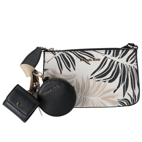 Michael Kors Jet Set Crossbody Tech Accessories Attached Black Multi Palm Leaves