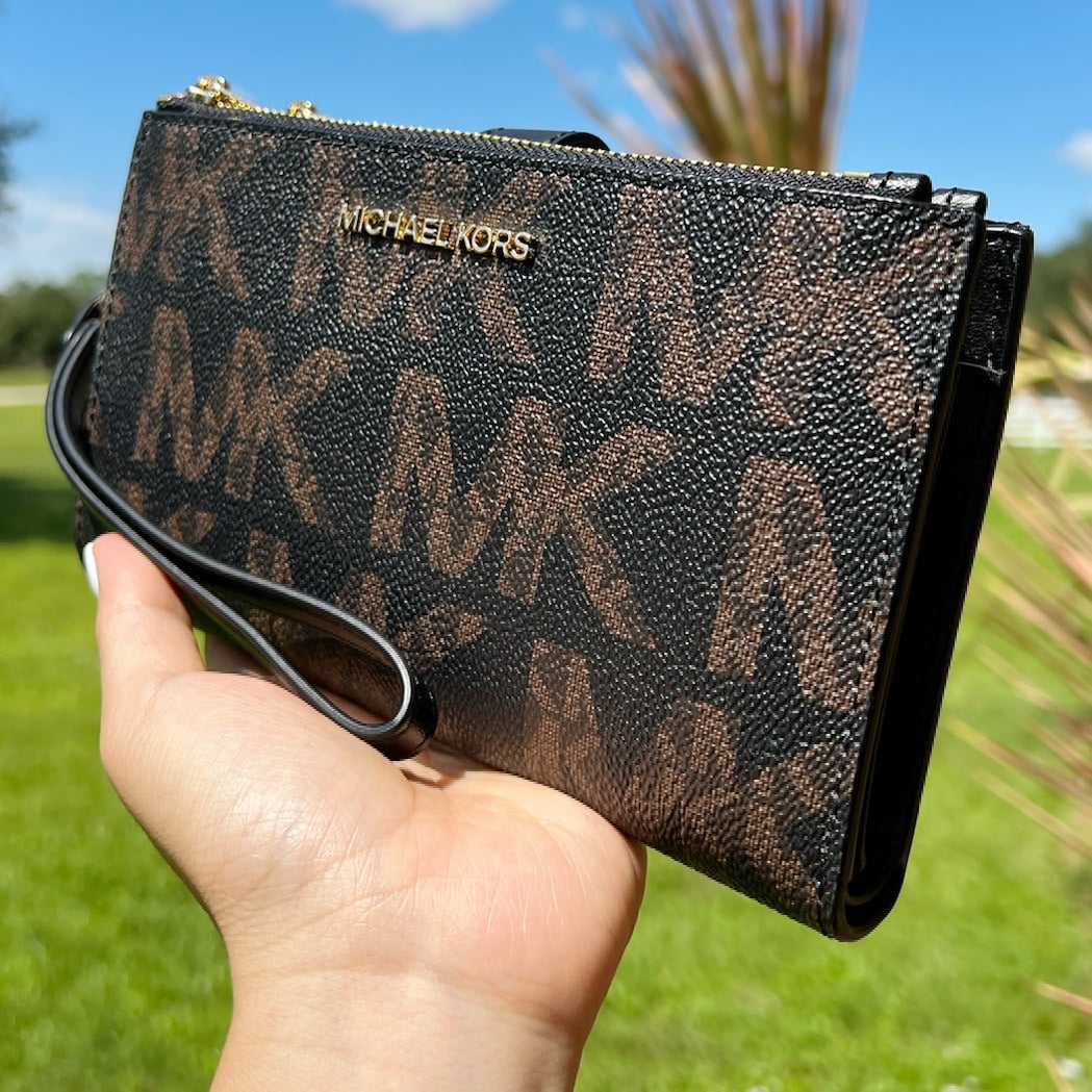  Michael Kors Jet Set Double Zip Phone Wristlet Wallet MK  Signature Black Brown : Clothing, Shoes & Jewelry