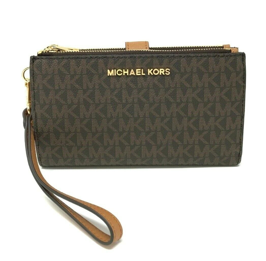 Michael Kors Jet Set Double Zip Phone Wristlet Brown Signature MK