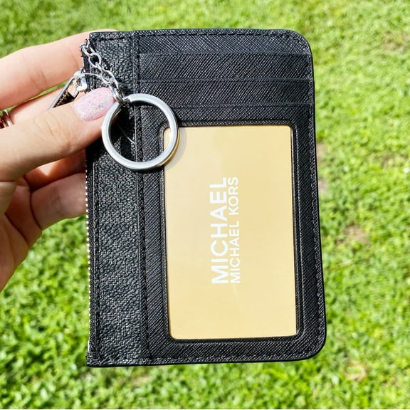 Michael Kors Jet Set Key Ring Top Zip Coin Pouch Id Card Holder Black Mk