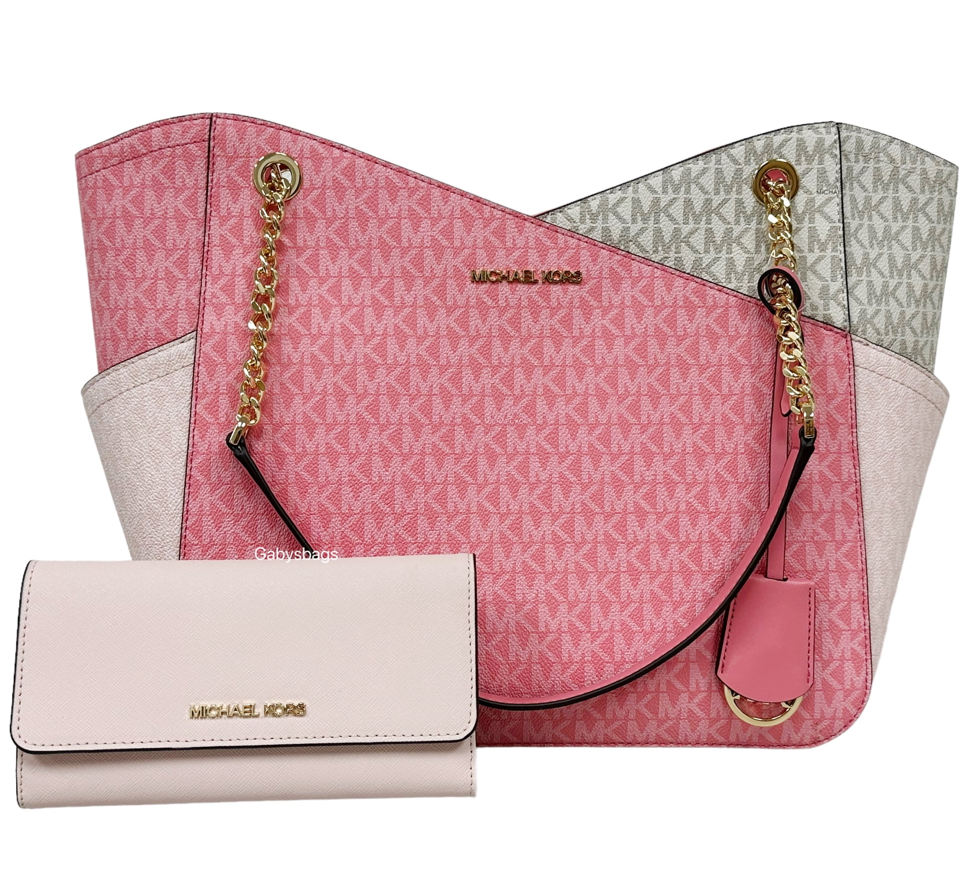 Michael Kors Jet Set Large Chain Tote Tea Rose Pink MK + Blush Trifold  Wallet 