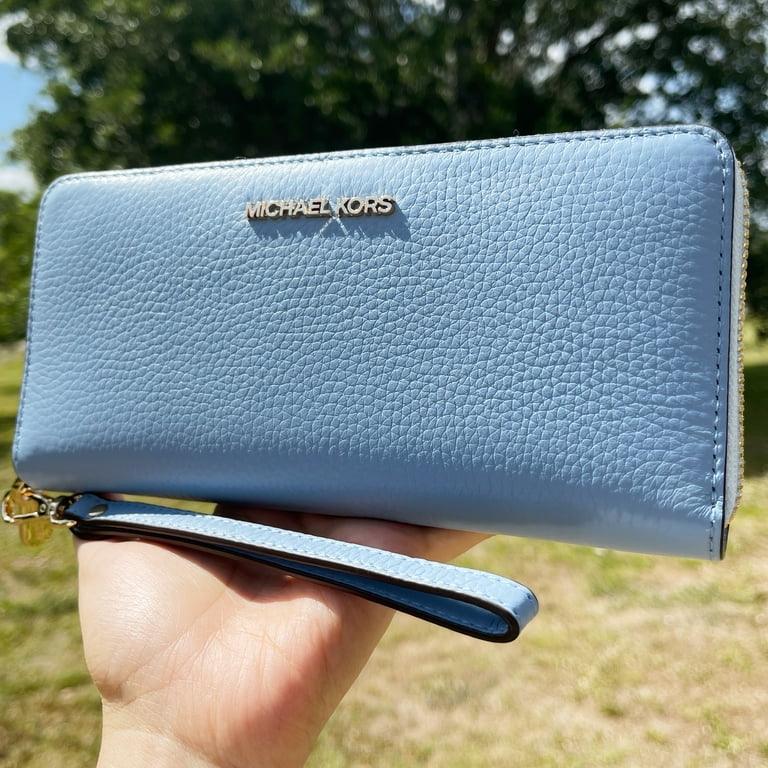 Michael Kors Jet Set Pebbled Leather Wristlet Wallet Large Light Sky Blue 16 Card Slots Walmart