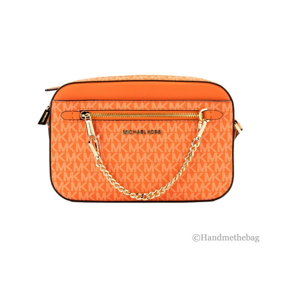 Michael Kors Jet Set Large EW Poppy Signature PVC Zip Chain Crossbody Bag Purse