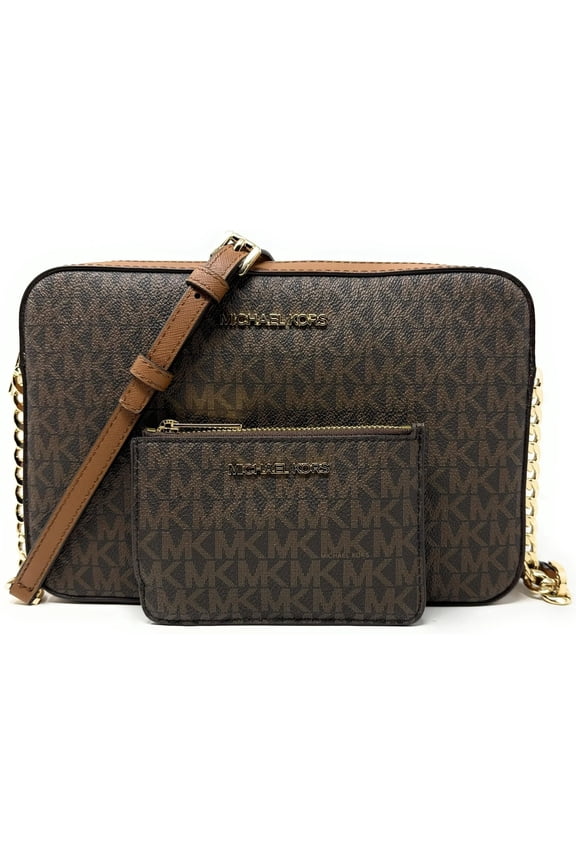 Jet Set Large Printed Logo Crossbody Bag With Matching Logo Coin Pouch Brown