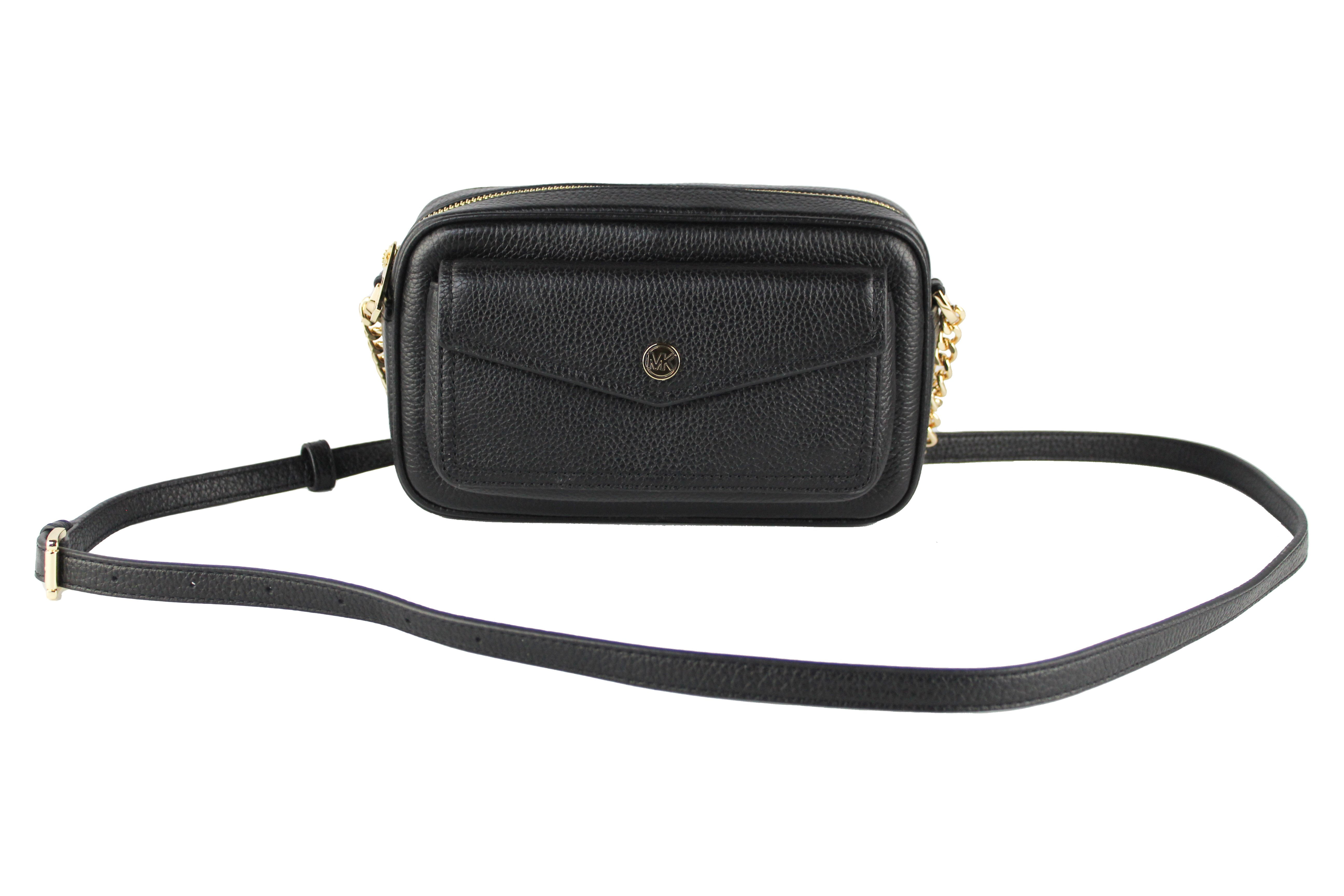 Michael Kors Jet Set Medium Black Pebbled Leather Pocket Camera Crossbody  Bag